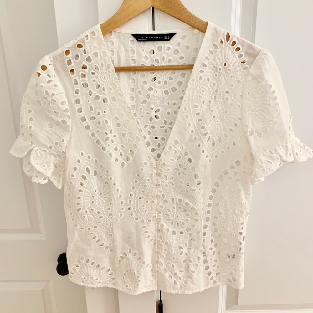 Zara White Embellished Embroidered Blouse Small